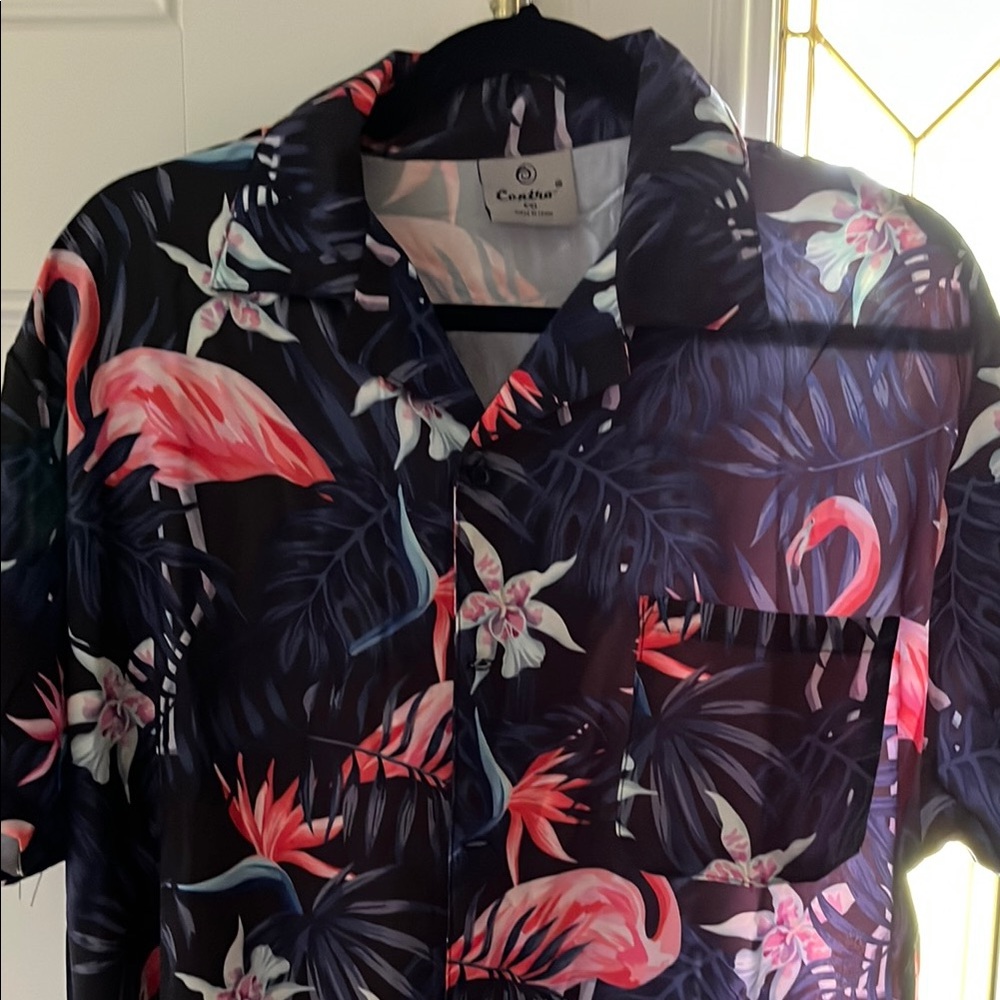 Men's Casual Button Down Shirt - Black Tropical Print